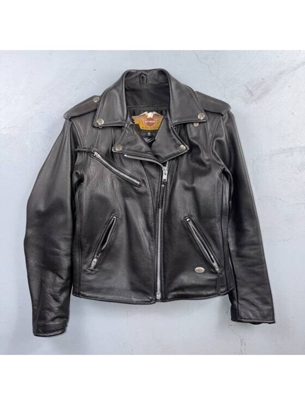 Harley Davidson Black Leather Motorcycle Jacket USA Womens Small Zip VTG Biker